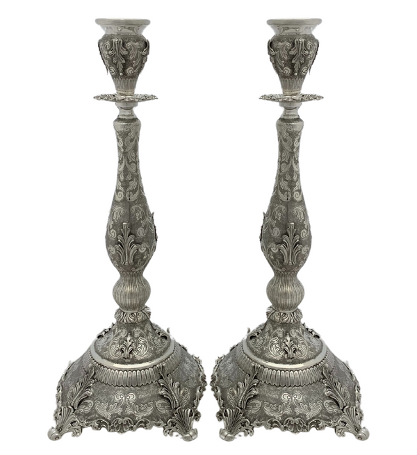 FINE 925 STERLING SILVER HANDMADE CHASED LEAF ORNATE MATTE & SHINY CANDLESTICKS