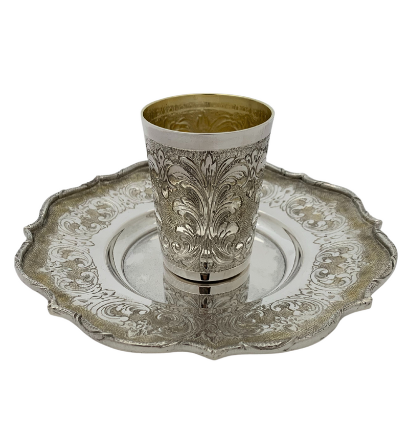 ITALIAN 925 STERLING SILVER & GILDED HANDMADE CHASED MATTE & SHINY CUP & TRAY