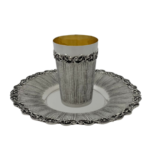 FINE 925 STERLING SILVER HANDMADE MODERN STRIATED & SLEEK ORNATE CUP & TRAY