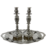 FINE ITALY 925 STERLING SILVER HANDMADE CHASED LEAF APPLIQUE CANDLESTICKS & TRAY