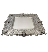FINE 925 STERLING SILVER HANDMADE CHASED LEAF APPLIQUE MATTE & SHINY SQUARE TRAY