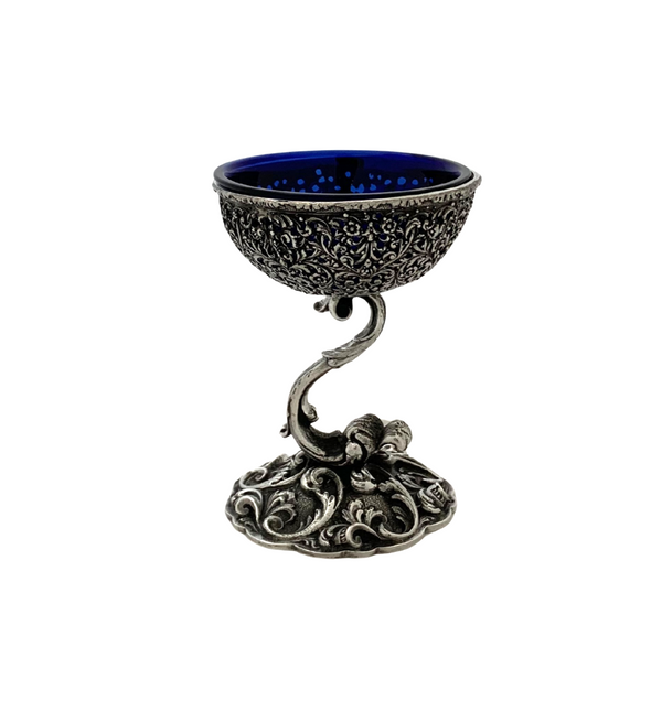 ITALY 925 STERLING SILVER & BLUE GLASS HANDMADE BAROCCO LACE ORNATE SALT HOLDER