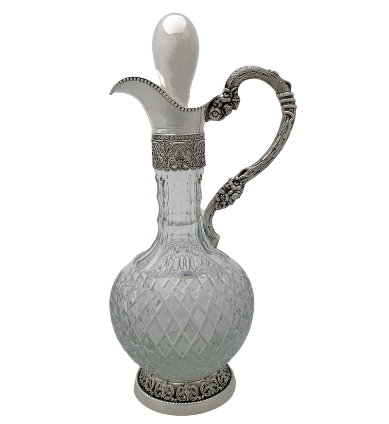 FINE TOPAZIO 925 STERLING SILVER & CRYSTAL HANDMADE FLORAL CHASED ORNATE PITCHER