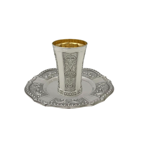 FINE 925 STERLING SILVER HANDMADE CHASED SWIRL ORNATE MATTE & SHINY CUP & TRAY