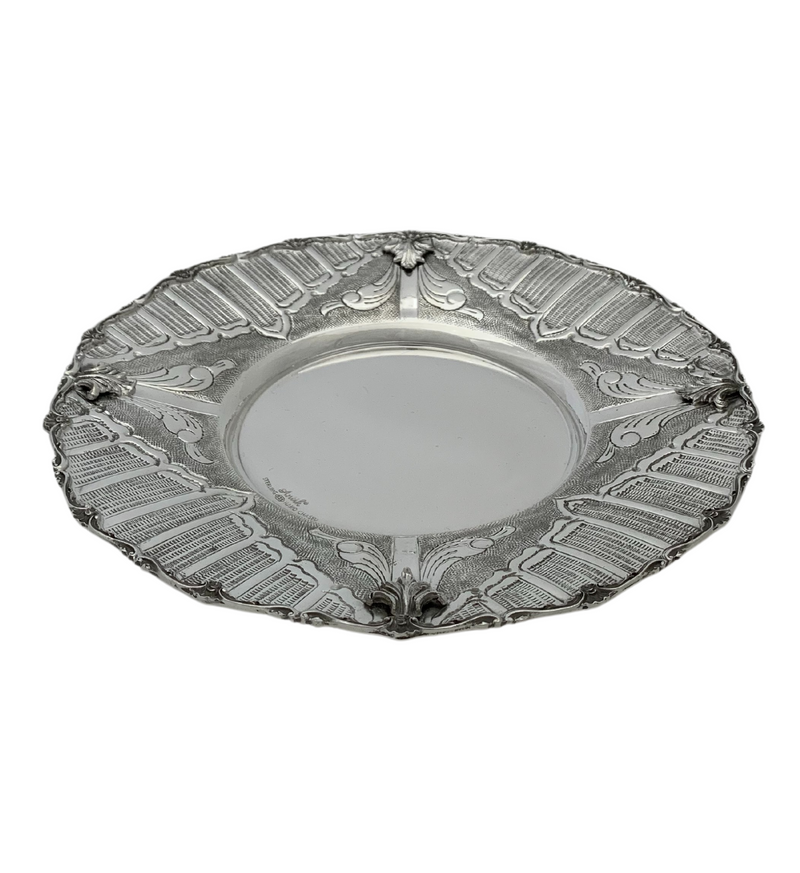 925 STERLING SILVER HANDMADE CHASED LEAF APPLIQUE MATTE SHINY ROUND PLATE TRAY