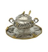 925 STERLING SILVER & GILDED HANDMADE BIRD & LEAF APPLIQUE HONEY DISH & TRAY