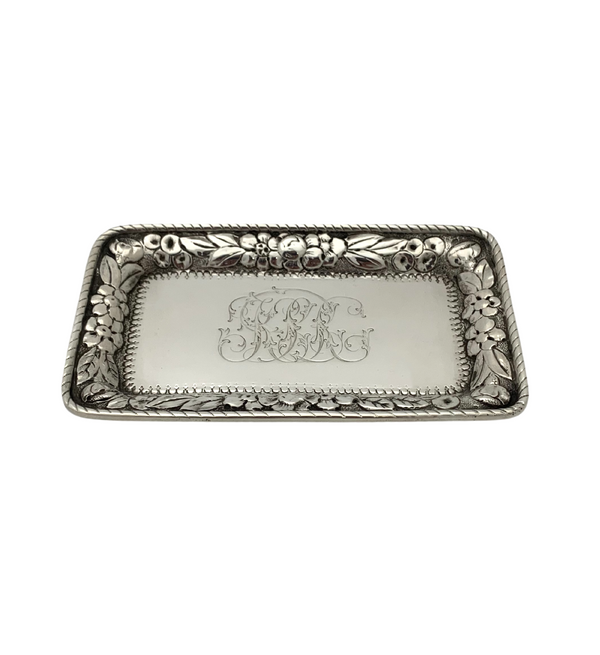 ANTIQUE BAILEY BANKS & RIDDLE 925 STERLING SILVER HANDMADE REPOUSSE FLORAL TRAY