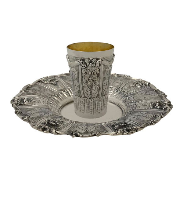 925 STERLING SILVER HANDMADE FLORAL CHASED SWIRL ORNATE MATTE SHINY CUP & TRAY