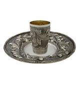 ITALY 925 STERLING SILVER HANDMADE LEAF APPLIQUE ORNATE MATTE & SHINY CUP & TRAY