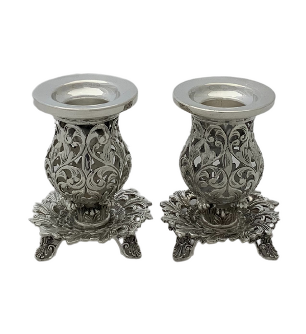 FINE SMALL 925 STERLING SILVER HANDMADE OPEN SWIRL CHASED ORNATE CANDLESTICKS