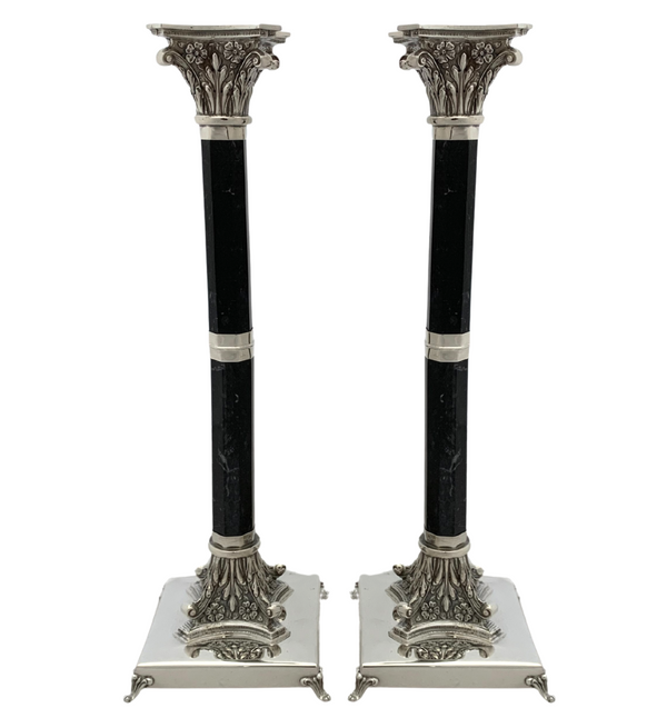 TALL ITALIAN 925 STERLING SILVER & STONE HANDMADE FLORAL COLUMN CANDLESTICKS