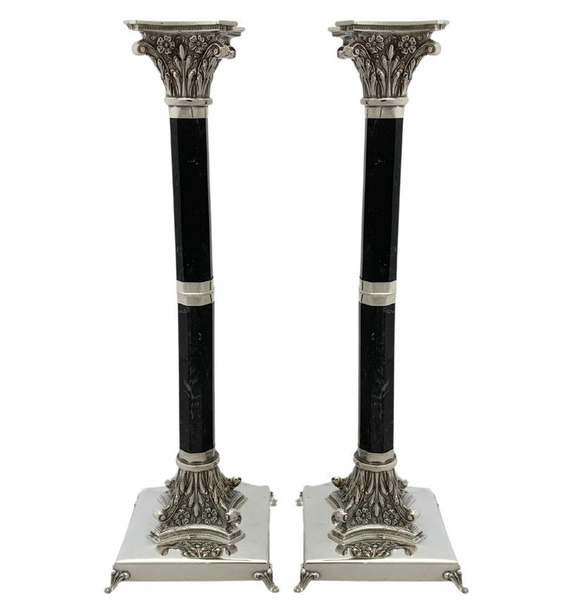 TALL ITALIAN 925 STERLING SILVER & STONE HANDMADE FLORAL COLUMN CANDLESTICKS
