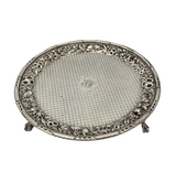 ANTIQUE WARNER COIN SILVER HANDMADE REPOUSSE MONOGRAMMED ROUND TRAY