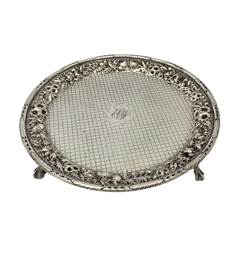 ANTIQUE WARNER COIN SILVER HANDMADE REPOUSSE MONOGRAMMED ROUND TRAY