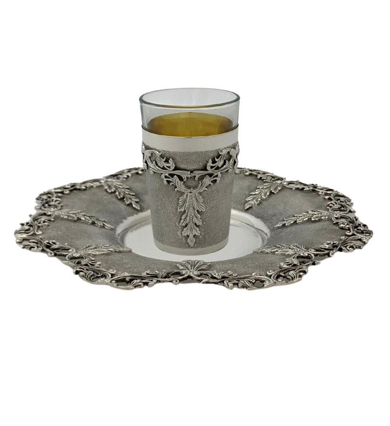 925 STERLING SILVER & GLASS INSERT HANDMADE LEAF APPLIQUE LACE ORNATE CUP & TRAY