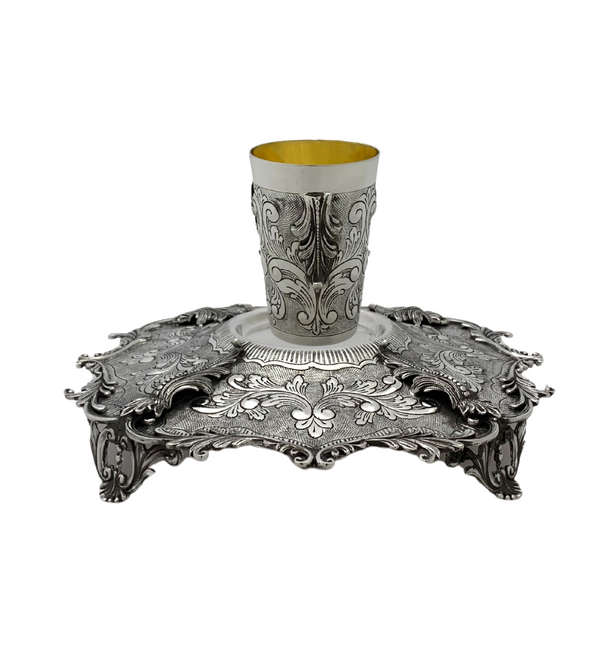 FINE 925 STERLING SILVER HANDMADE LEAF APPLIQUE CHASED SWIRL ORNATE CUP & TRAY