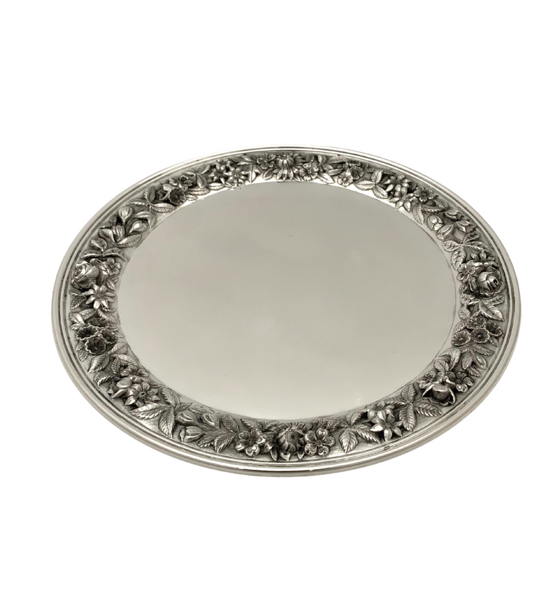 ANTIQUE S. KIRK & SON 925 STERLING SILVER HANDMADE REPOUSSE FLORAL ROUND TRAY
