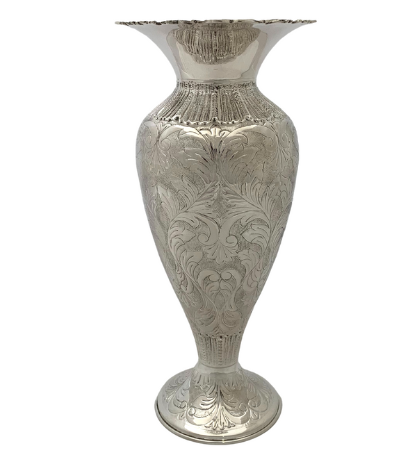 FINE 925 STERLING SILVER HANDMADE CHASED ORNATE MATTE & SHINY FINISH FLOWER VASE