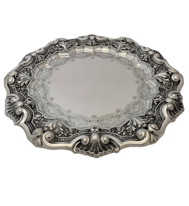 ANTIQUE PORTUGUESE SILVER HANDMADE SCALLOPED ROSE & SHELL EMBOSSED ROUND TRAY