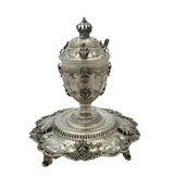 925 STERLING SILVER HANDMADE LEAF APPLIQUE CHASED SWIRL ORNATE HONEY DISH & TRAY