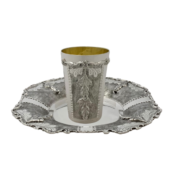925 STERLING SILVER HANDMADE LEAF APPLIQUE CHASED ORNATE MATTE SHINY CUP & TRAY