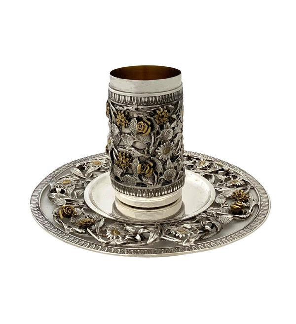 FINE ITALY 925 STERLING SILVER & GILDED HANDMADE 3D HEAVY FLORAL LEAF CUP & TRAY