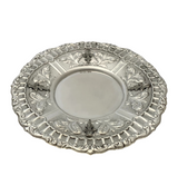 925 STERLING SILVER HANDMADE CHASED SWIRL LEAF APPLIQUE MATTE SHINY ROUND TRAY