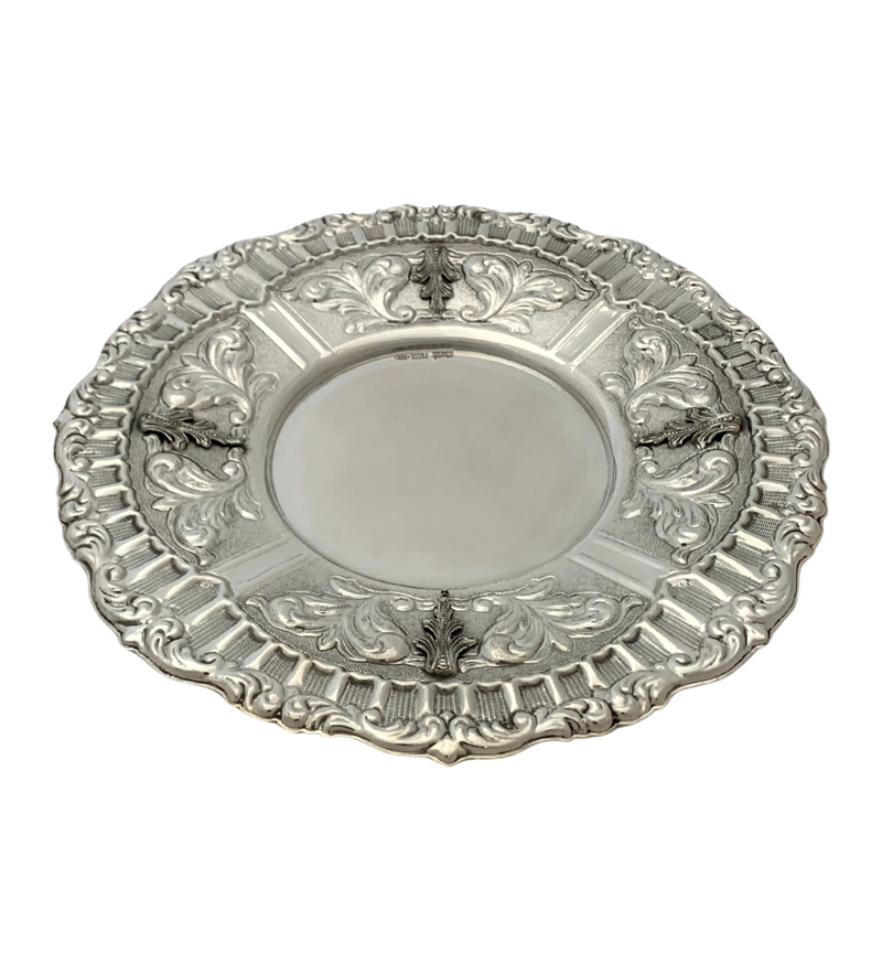925 STERLING SILVER HANDMADE CHASED SWIRL LEAF APPLIQUE MATTE SHINY ROUND TRAY