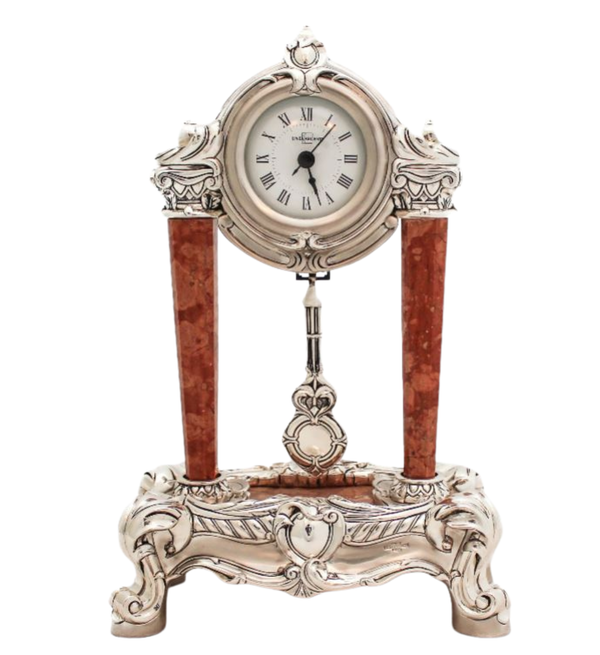 ITALIAN SILVER PLATED & MARBLE HANDMADE COLUMN ORNATE TABLE CLOCK WITH PENDULUM