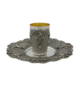 FINE 925 STERLING SILVER HANDMADE LEAF APPLIQUE ORNATE MATTE & SHINY CUP & TRAY