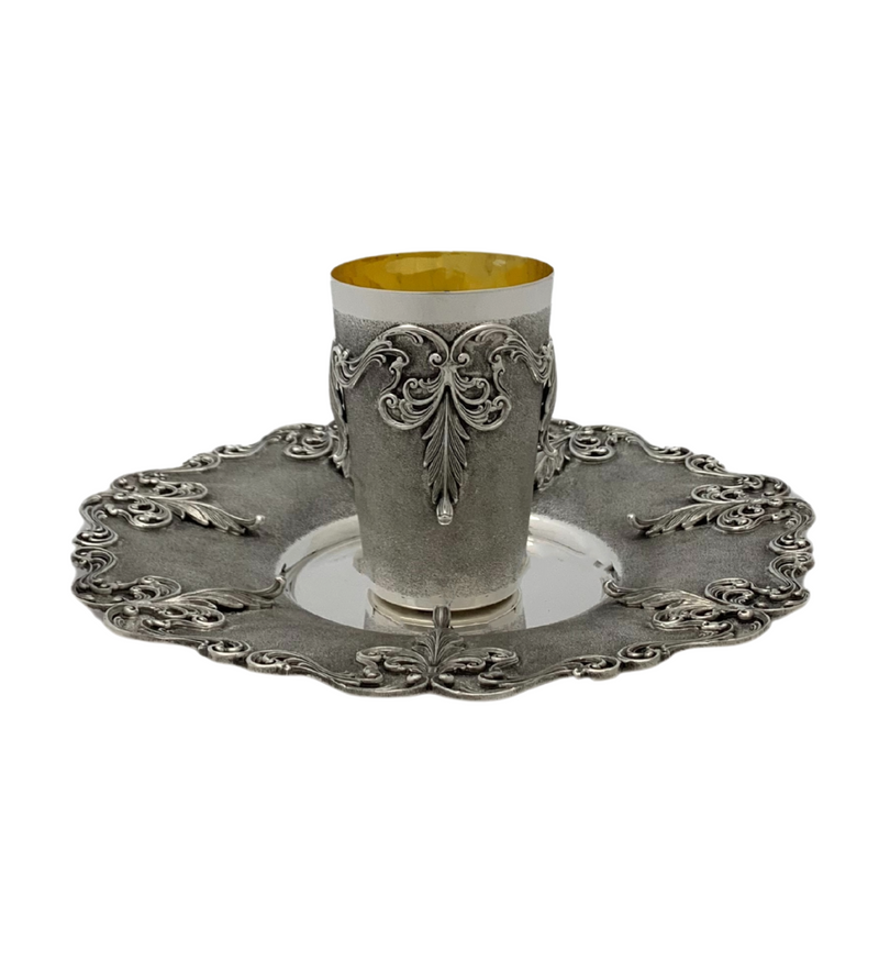 FINE 925 STERLING SILVER HANDMADE LEAF APPLIQUE ORNATE MATTE & SHINY CUP & TRAY