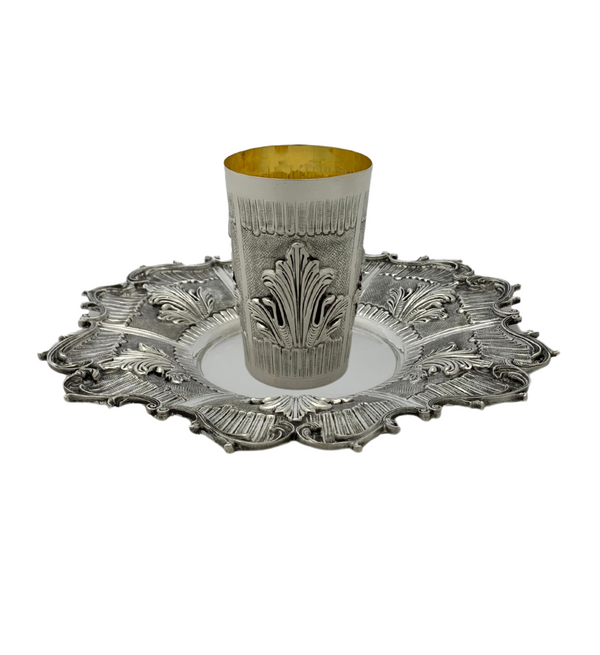 FINE 925 STERLING SILVER HANDMADE HEAVY LEAF APPLIQUE MATTE & SHINY CUP & TRAY