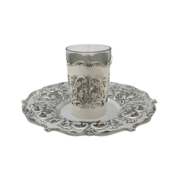 FINE 925 STERLING SILVER & GLASS INSERT HANDMADE CHASED FLUTED ORNATE CUP & TRAY