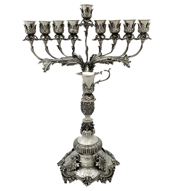 FINE ITALIAN 925 STERLING SILVER HANDMADE ORNATE CHASED LEAF APPLIQUE MENORAH