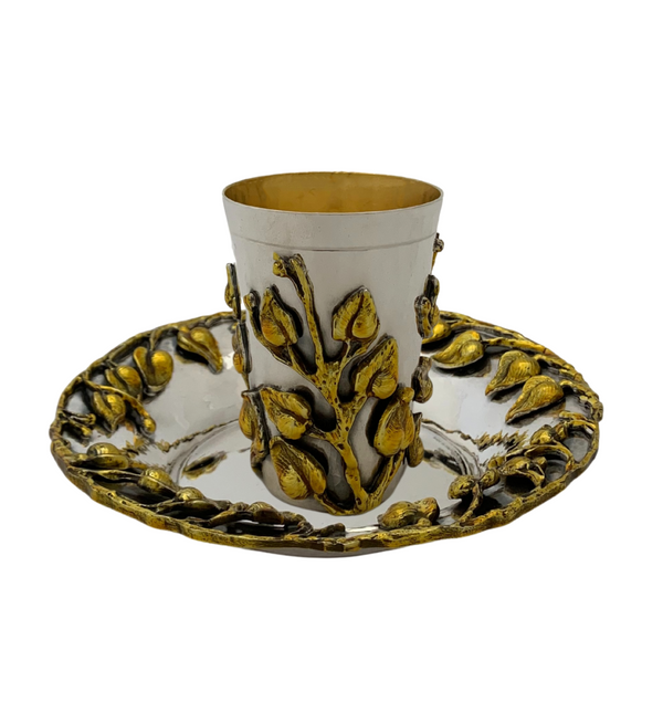 ITALIAN 925 STERLING SILVER & GOLD ENAMEL HANDMADE 3D LEAF APPLIQUE CUP & TRAY