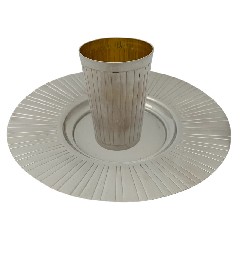 FINE 925 STERLING SILVER HANDMADE MODERN STRIATED PATTERN SHINY SLEEK CUP & TRAY