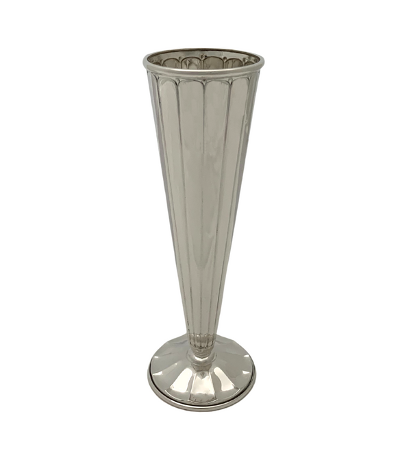 ANTIQUE 925 STERLING SILVER HANDMADE LINEAR RIBBED SHINY SLEEK TRUMPET VASE
