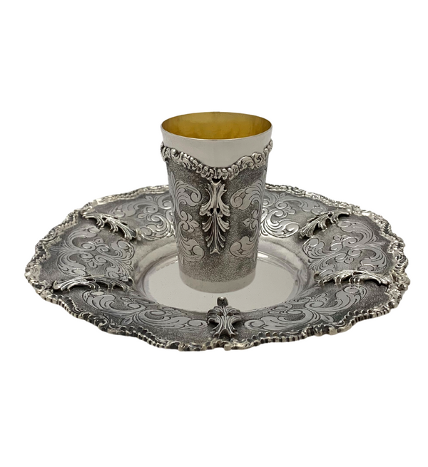 925 STERLING SILVER HANDMADE LEAF ORNATE CHASED SWIRL MATTE SHINY CUP & TRAY
