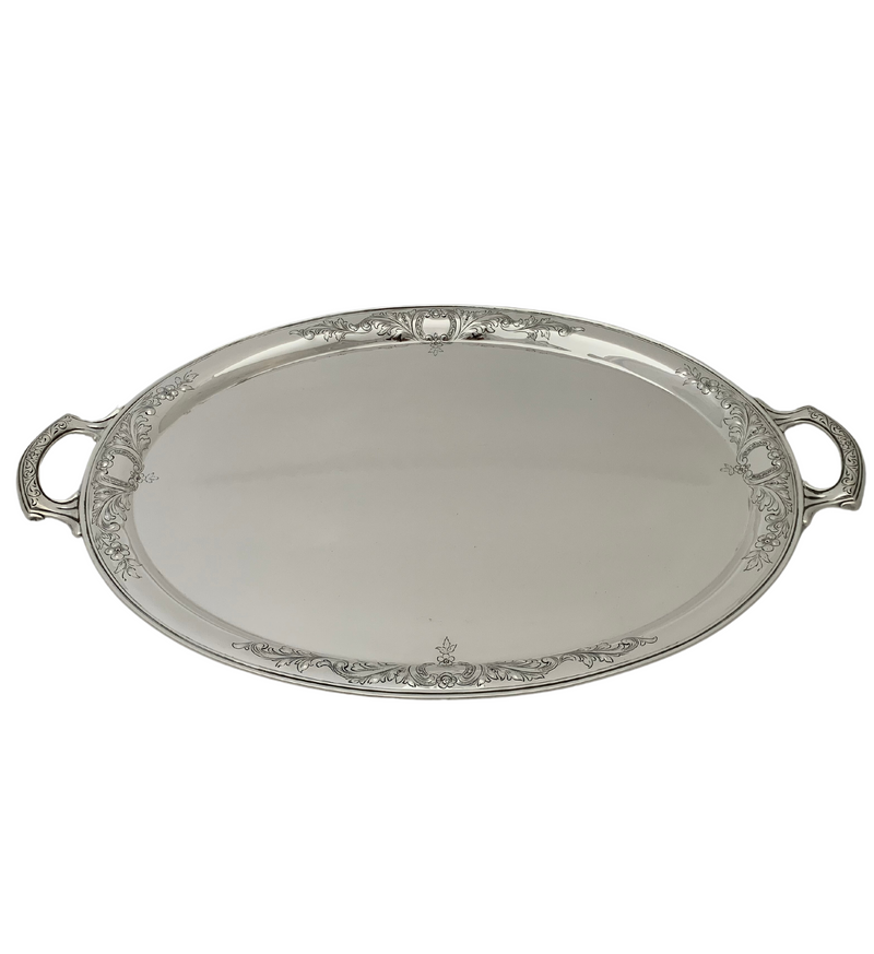 ANTIQUE 925 STERLING SILVER HANDMADE CHASED ORNATE FLORAL 2 HANDLE OVAL TRAY
