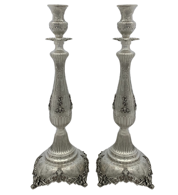 925 STERLING SILVER HANDMADE LEAF APPLIQUE ORNATE STRIATED SHINY CANDLESTICKS