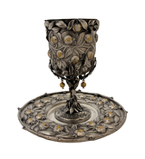 ITALY 925 STERLING SILVER & GILDED HANDMADE POMEGRANATE LEAF ELIYAHU CUP & TRAY