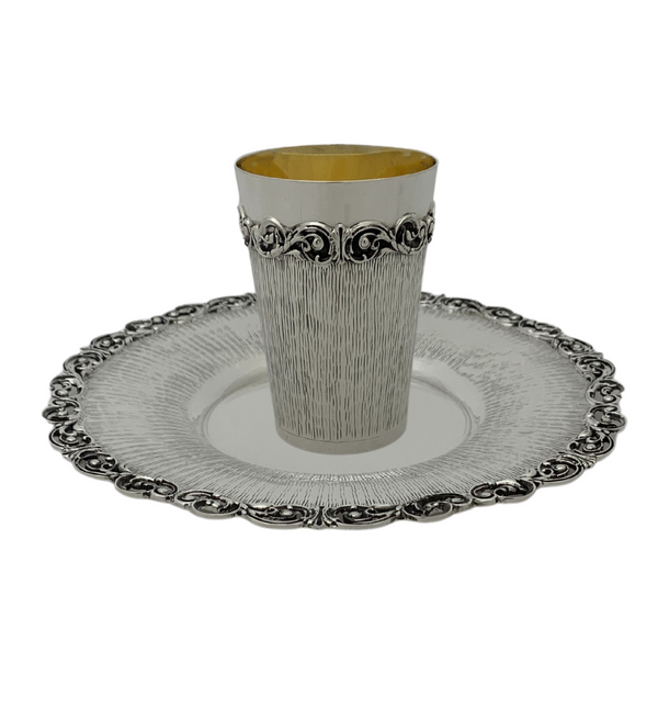 FINE 925 STERLING SILVER HANDMADE MODERN STRIATED & SLEEK ORNATE CUP & TRAY