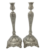 FINE TALL 925 STERLING SILVER HANDMADE LEAF APPLIQUE CHASED ORNATE CANDLESTICKS