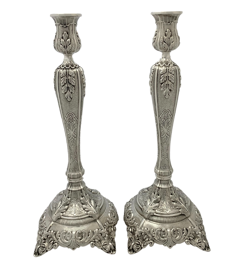 FINE TALL 925 STERLING SILVER HANDMADE LEAF APPLIQUE CHASED ORNATE CANDLESTICKS