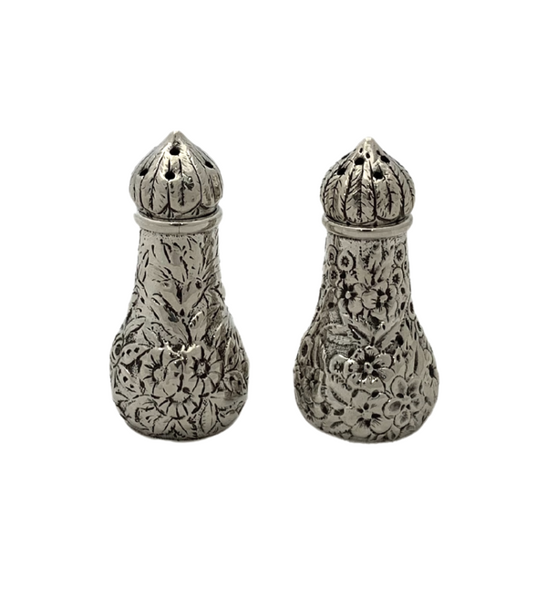 S. KIRK & SON 925 STERLING SILVER HANDMADE CHASED REPOUSSE SALT & PEPPER SHAKERS