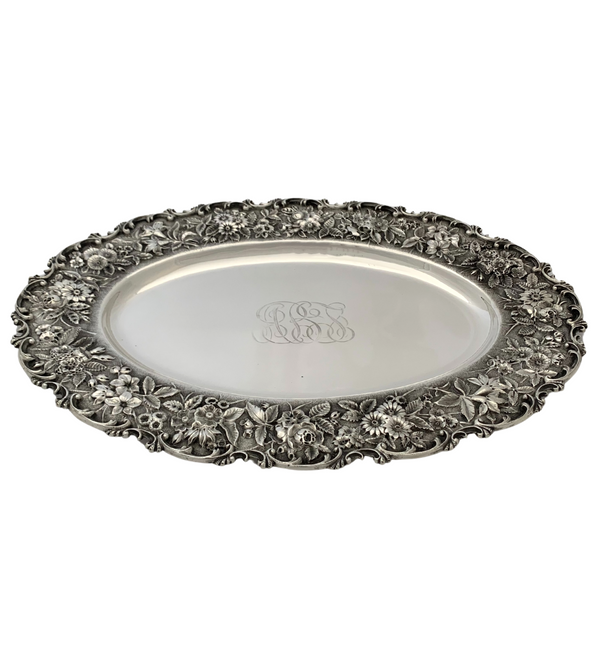 ANTIQUE S. KIRK & SON CO 925 STERLING SILVER HANDMADE REPOUSSE FLORAL OVAL TRAY