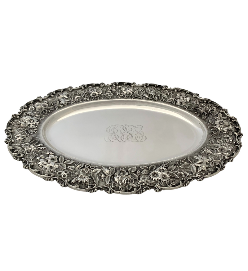 ANTIQUE S. KIRK & SON CO 925 STERLING SILVER HANDMADE REPOUSSE FLORAL OVAL TRAY