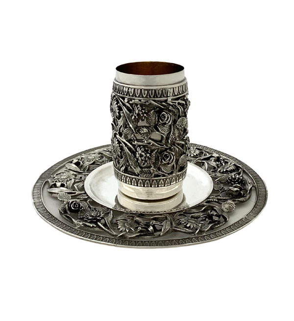FINE ITALY 925 STERLING SILVER HANDMADE 3D HEAVY FLORAL LEAF APPLIQUE CUP & TRAY