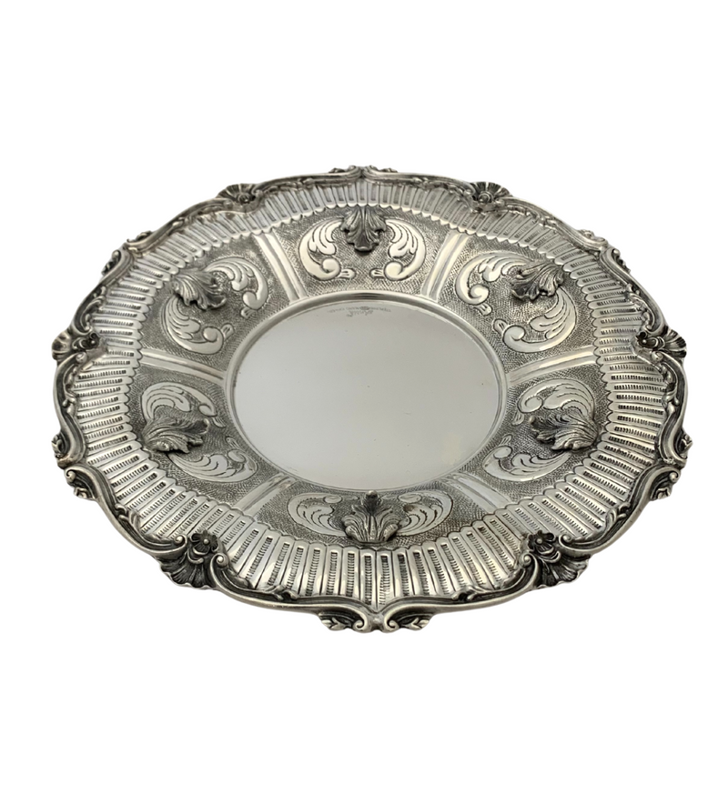 925 STERLING SILVER HANDMADE SWIRL LEAF APPLIQUE ORNATE MATTE SHINY ROUND TRAY