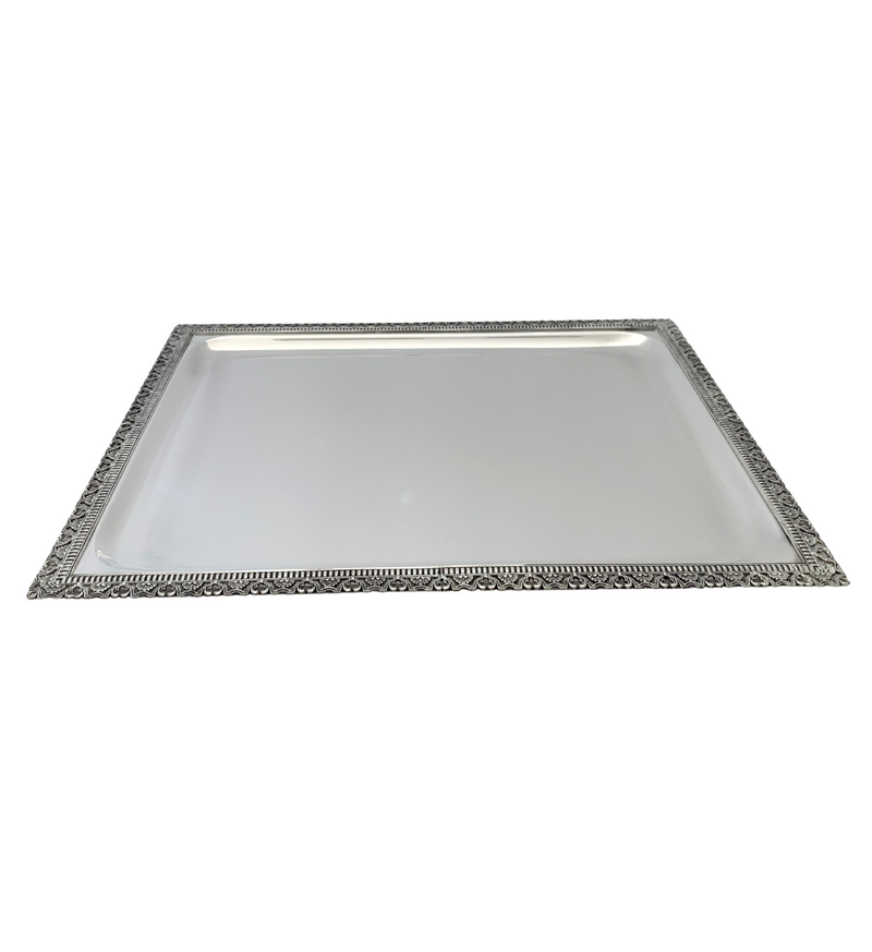 ITALIAN 925 STERLING SILVER HANDMADE SHELL LACE ORNATE RECTANGLE SERVING TRAY
